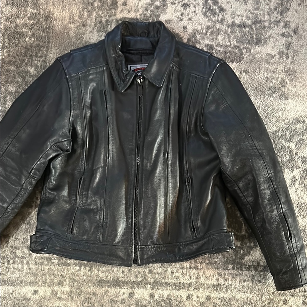 River Road Black Textured Leather Motorcycle Jacket with Snap On Collar